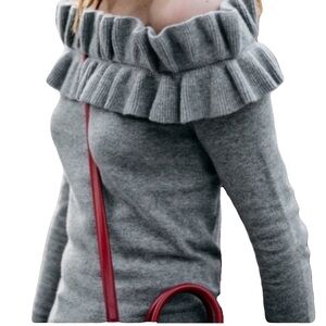 NWT DO + BE Women’s Cotton Acrylic Blend Ruffle Off Shoulder Sweater Grey